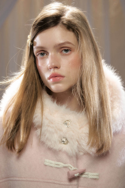 Toggle Button Fur Collar Hooded Coat