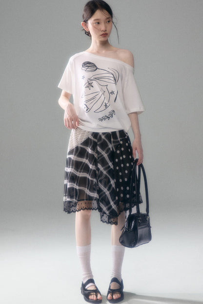 Bird And Tulip Print One-Shoulder Tencel T-Shirt