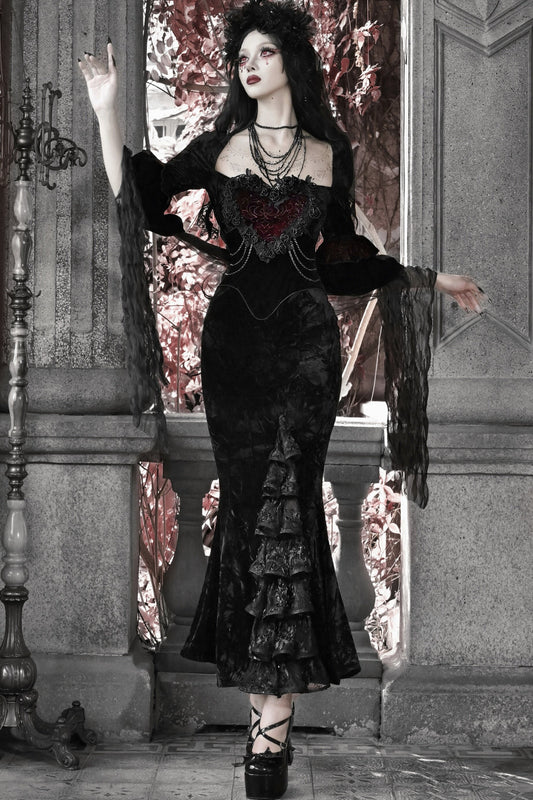 Burgundy Velvet Strapless Fishtail Dress Set-Up