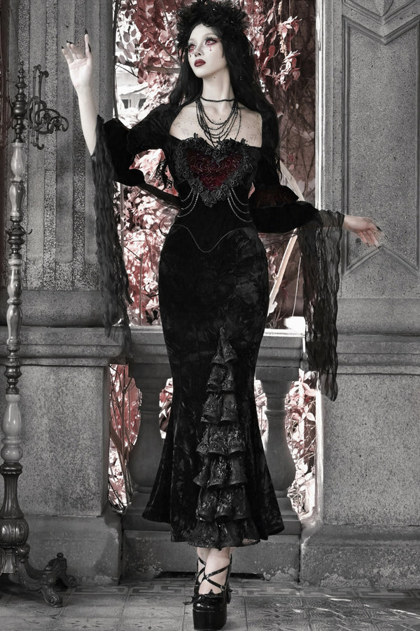 Burgundy Velvet Strapless Fishtail Dress Set-Up