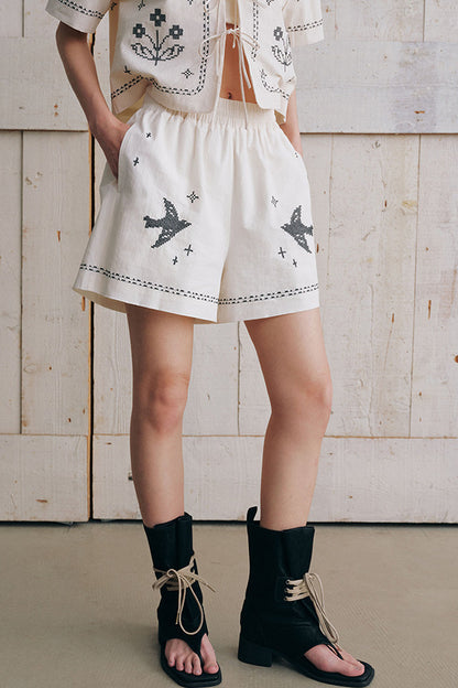 Bird Embroidered Cotton Linen Cardigan And Shorts Set-Up