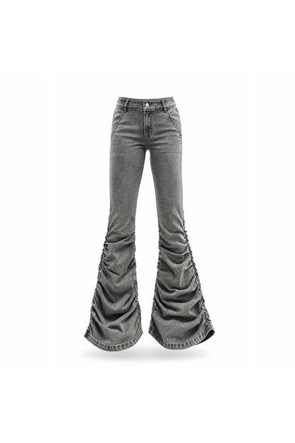Low-Waisted Flared Pleated Denim Jeans