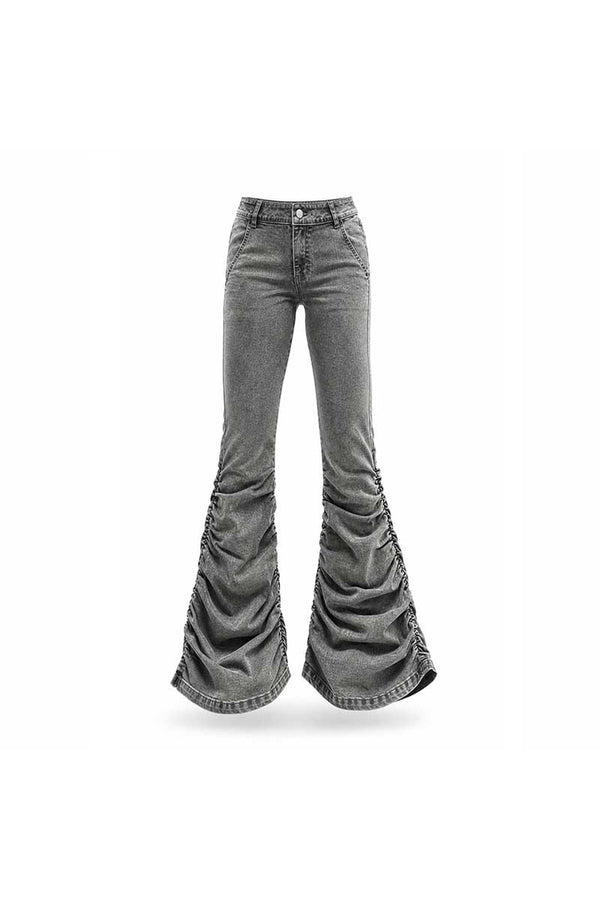 Low-Waisted Flared Pleated Denim Jeans