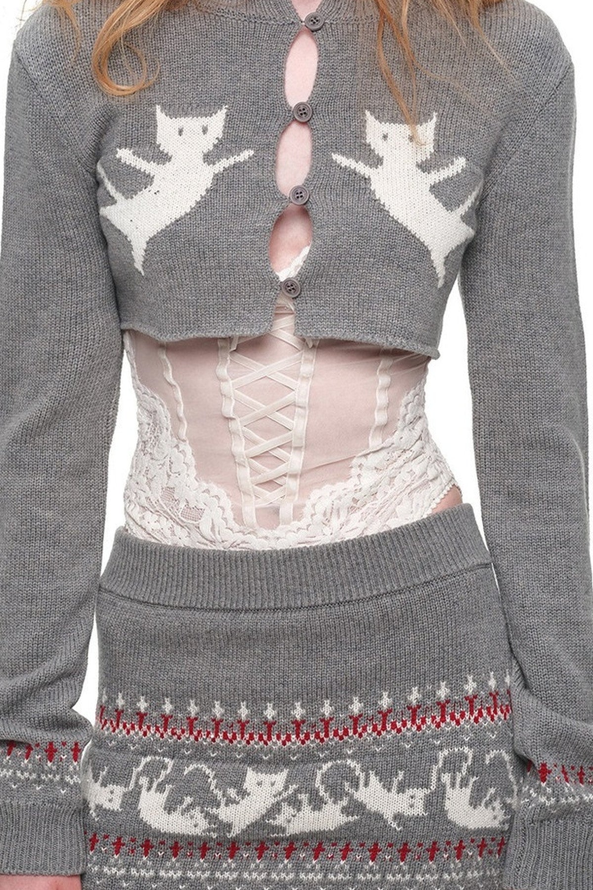 Fair-Isle-Jacquard-Set aus Katzen-Pullover, Strickjacke und Rock