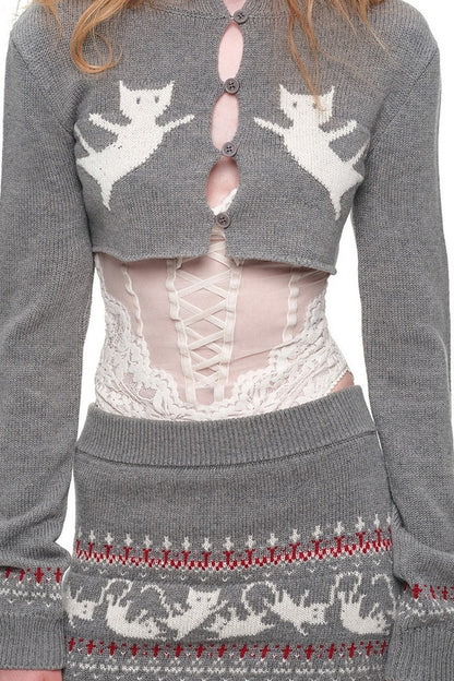 Fair-Isle-Jacquard-Set aus Katzen-Pullover, Strickjacke und Rock