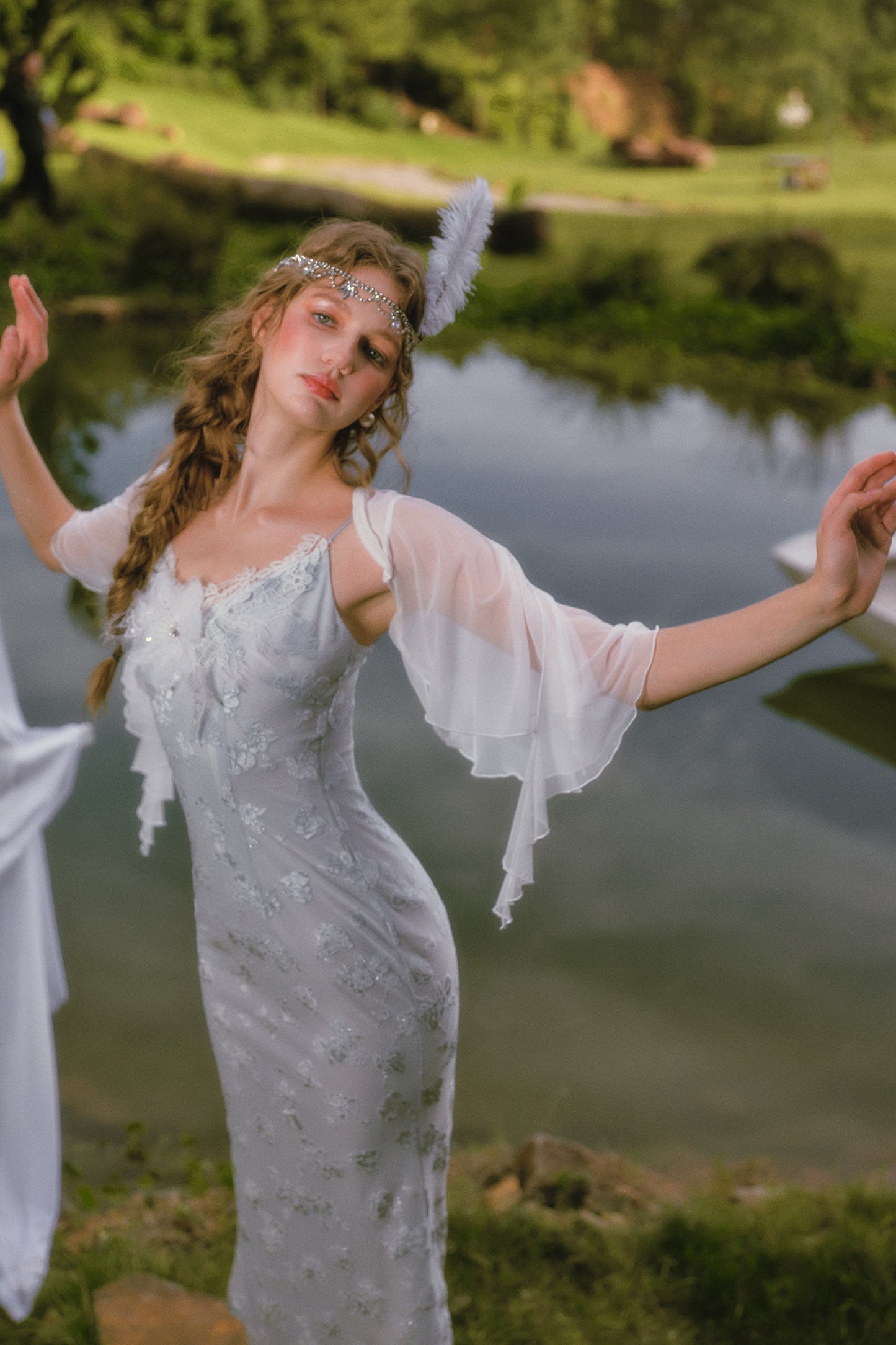 Little Swan Floral Fishtail Dress Shawl Set-Up