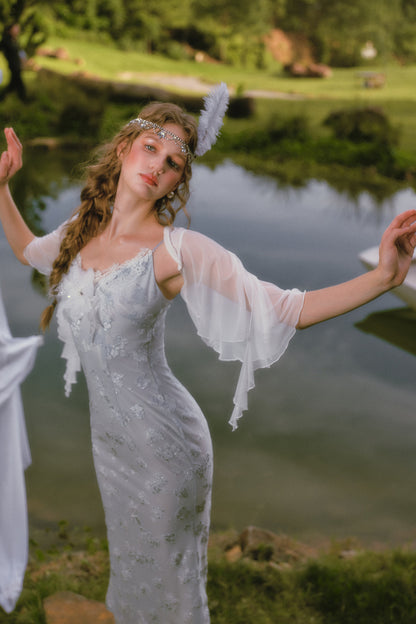 Little Swan Floral Fishtail Dress Shawl Set-Up