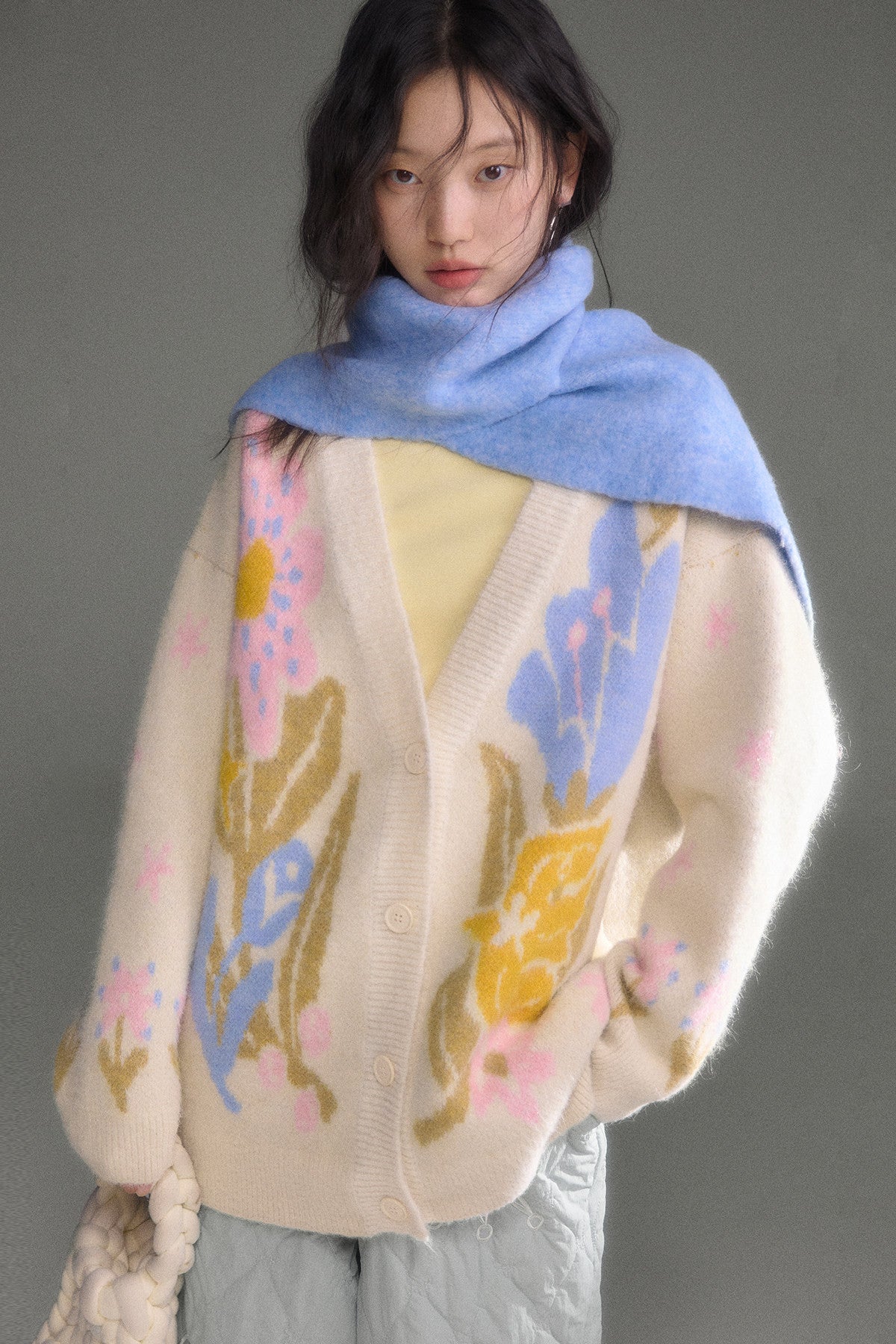 Ear-Flap Bird Tulip Jacquard Wool Cardigan