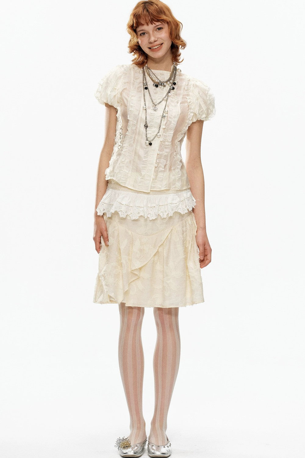 Beige Jacquard Puff Sleeve Blouse