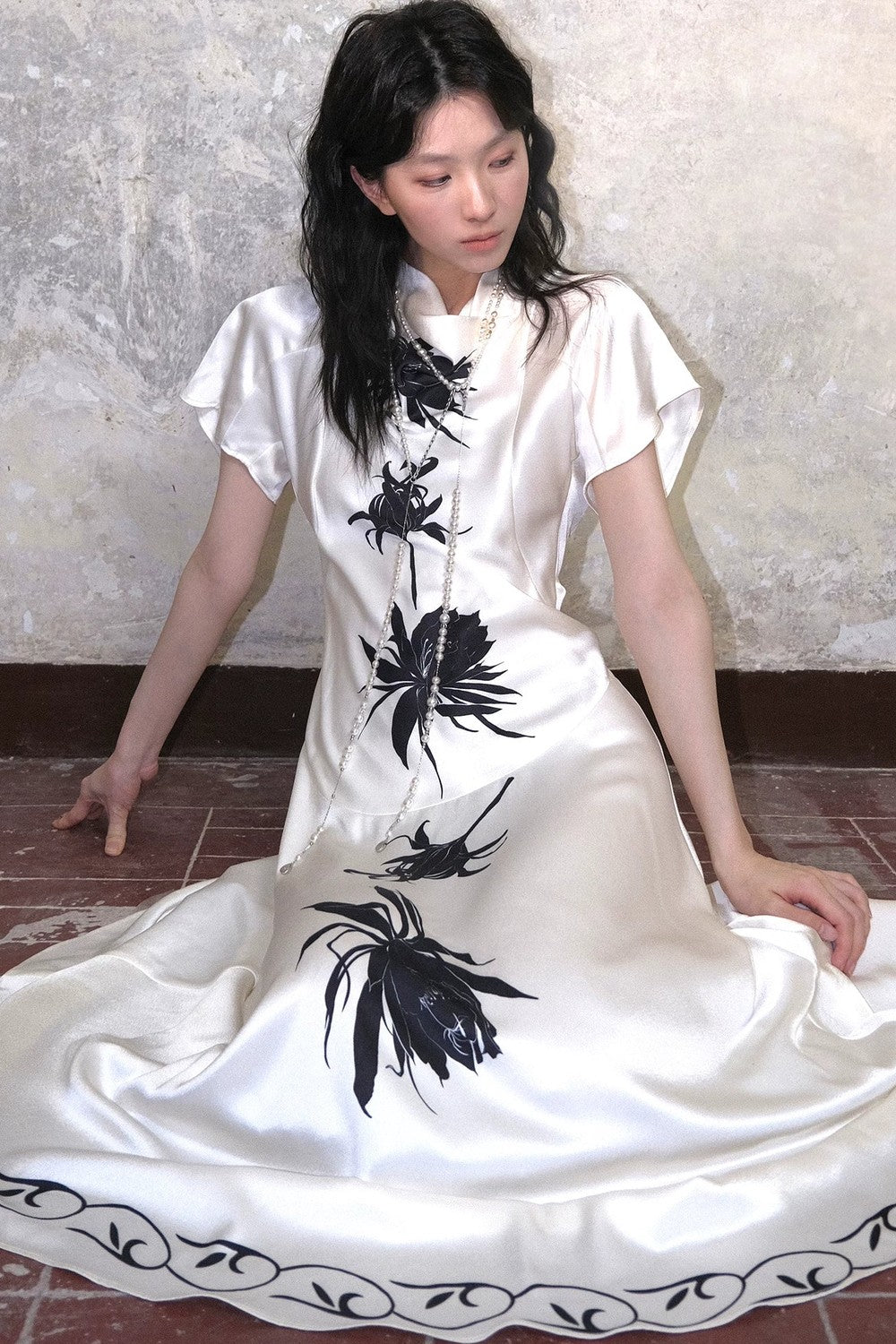 Satin Epiphyllum Print Qipao Dress