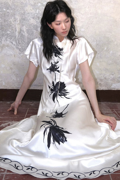 Satin Epiphyllum Print Qipao Dress