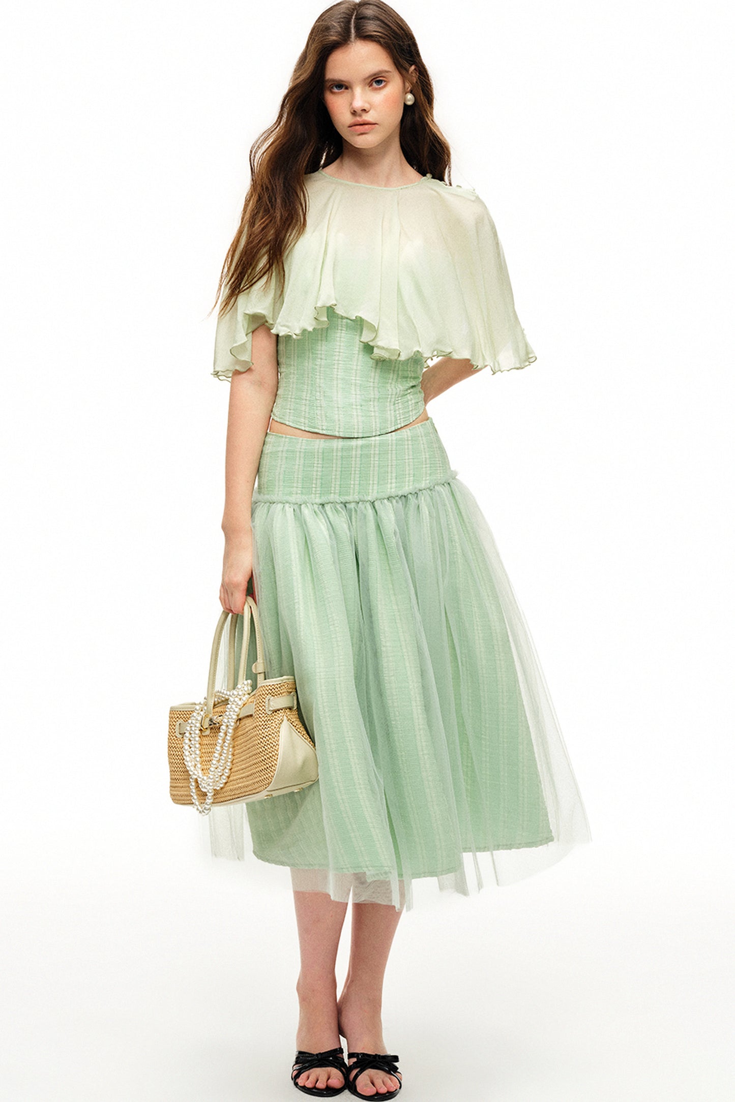 Mint Green Stripe Lyocell Cape and Tulle Skirt Set-Up