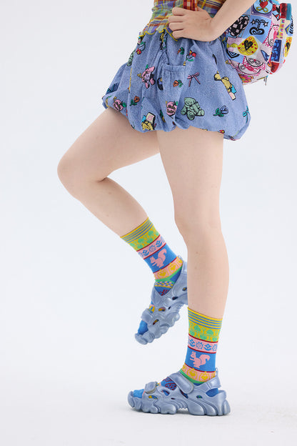 Chaussettes tricotées à motif géométrique bleu vif et jaune