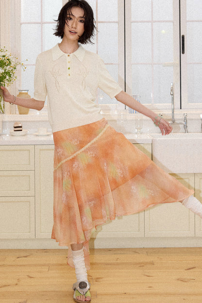 Irregular Lace Trim Chiffon Skirt