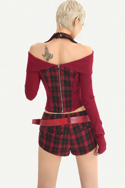 Red Black Off-Shoulder Knit Top and Shorts Set-Up