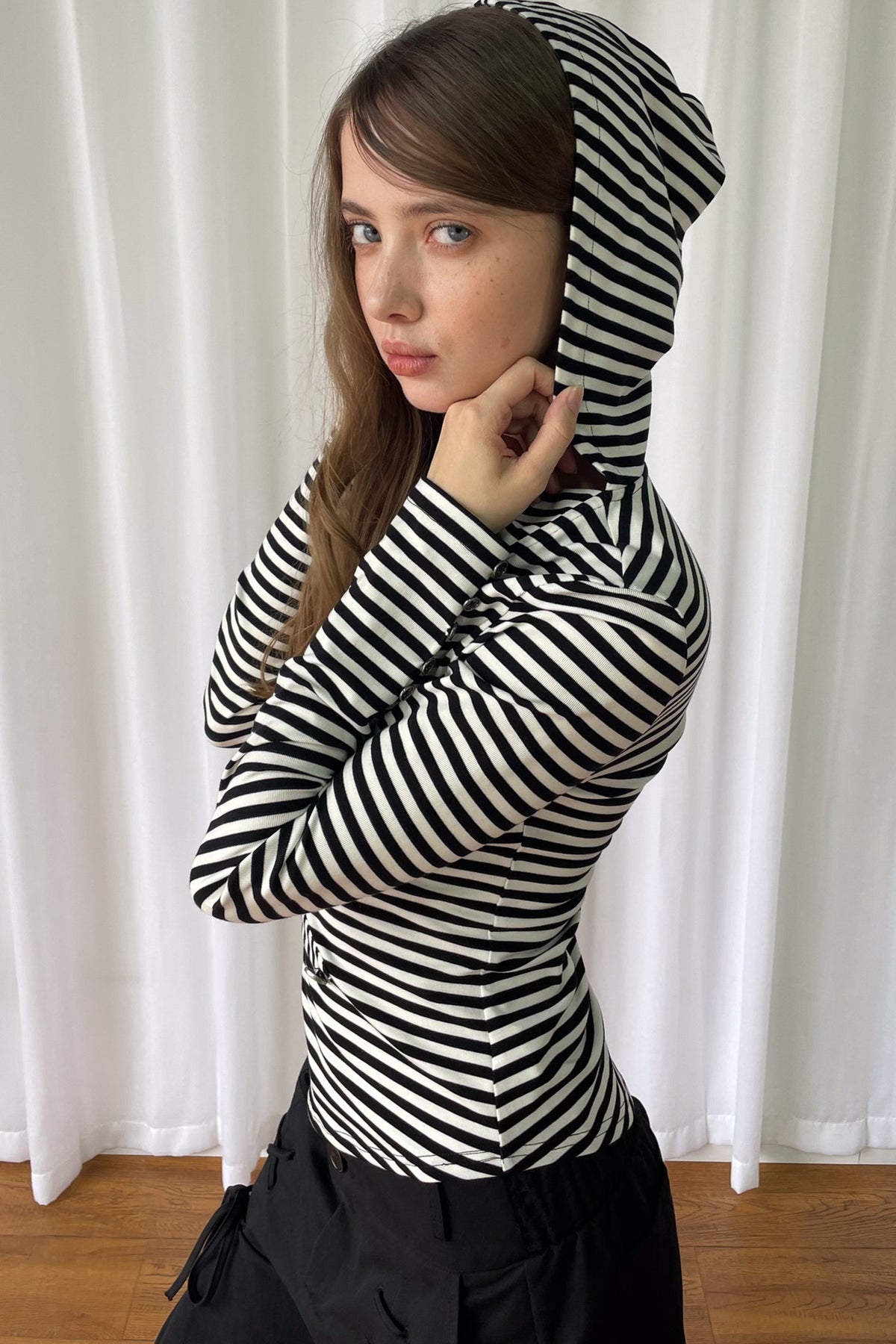 Metal Buckle Striped Knit Hood Top