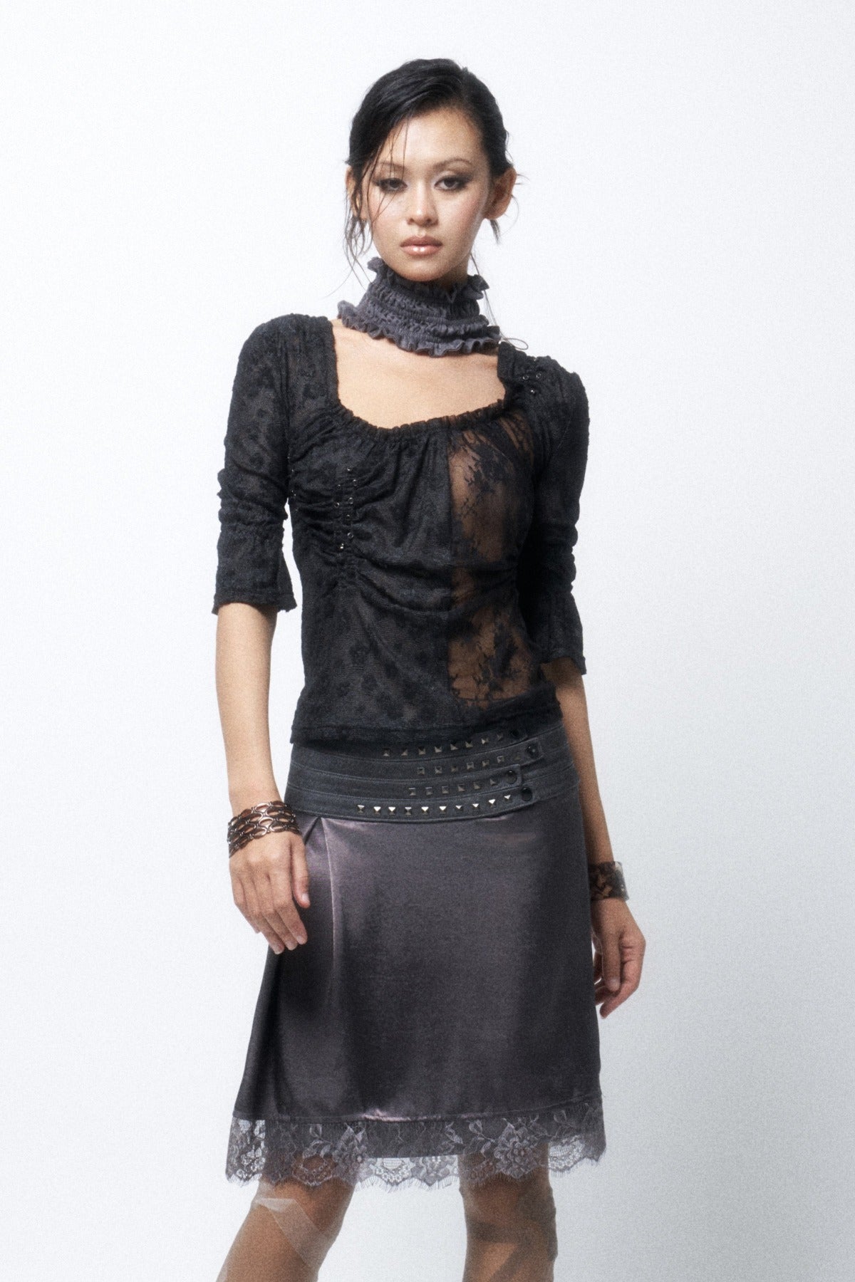 Multi-Layered Rivet Patchwork Satin Skirt