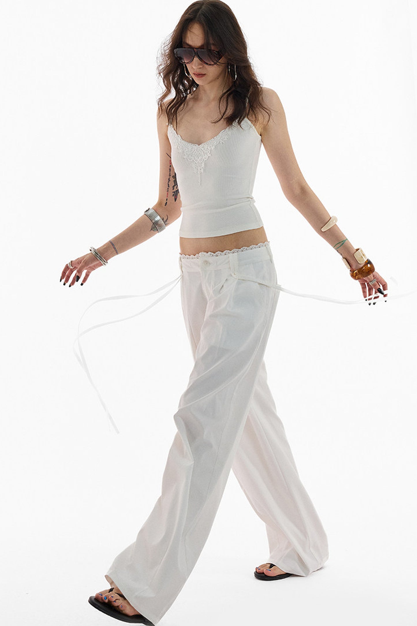 Lace Trim Pima Cotton Wide Leg Pants