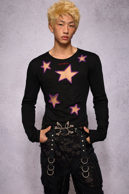Star Hollow Mesh Embroidery Long-Sleeved Top