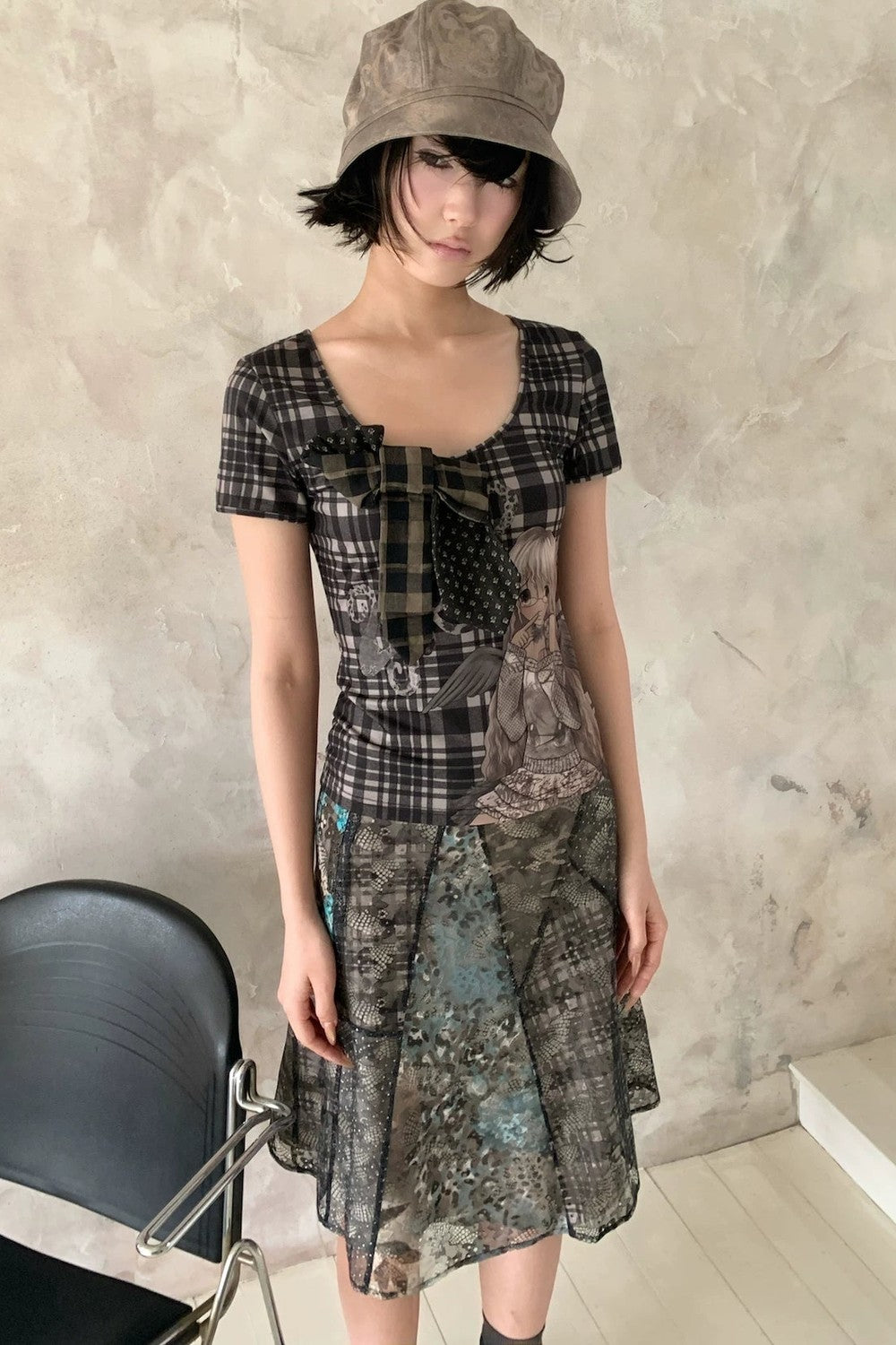 Cartoon Plaid Tie Top