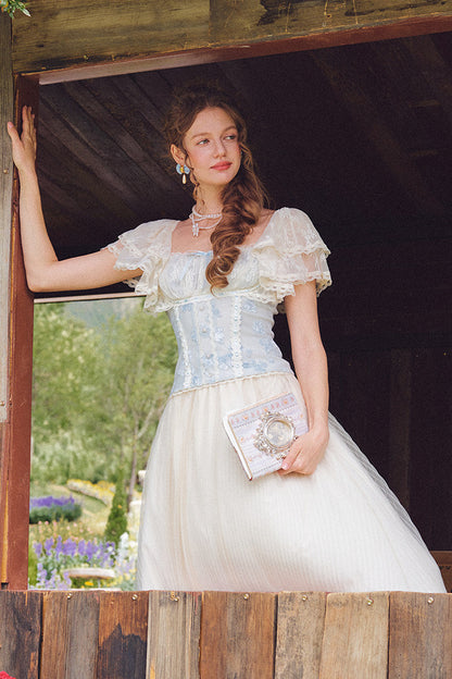 French Retro Lace Trim Top and Skirt Set-Up