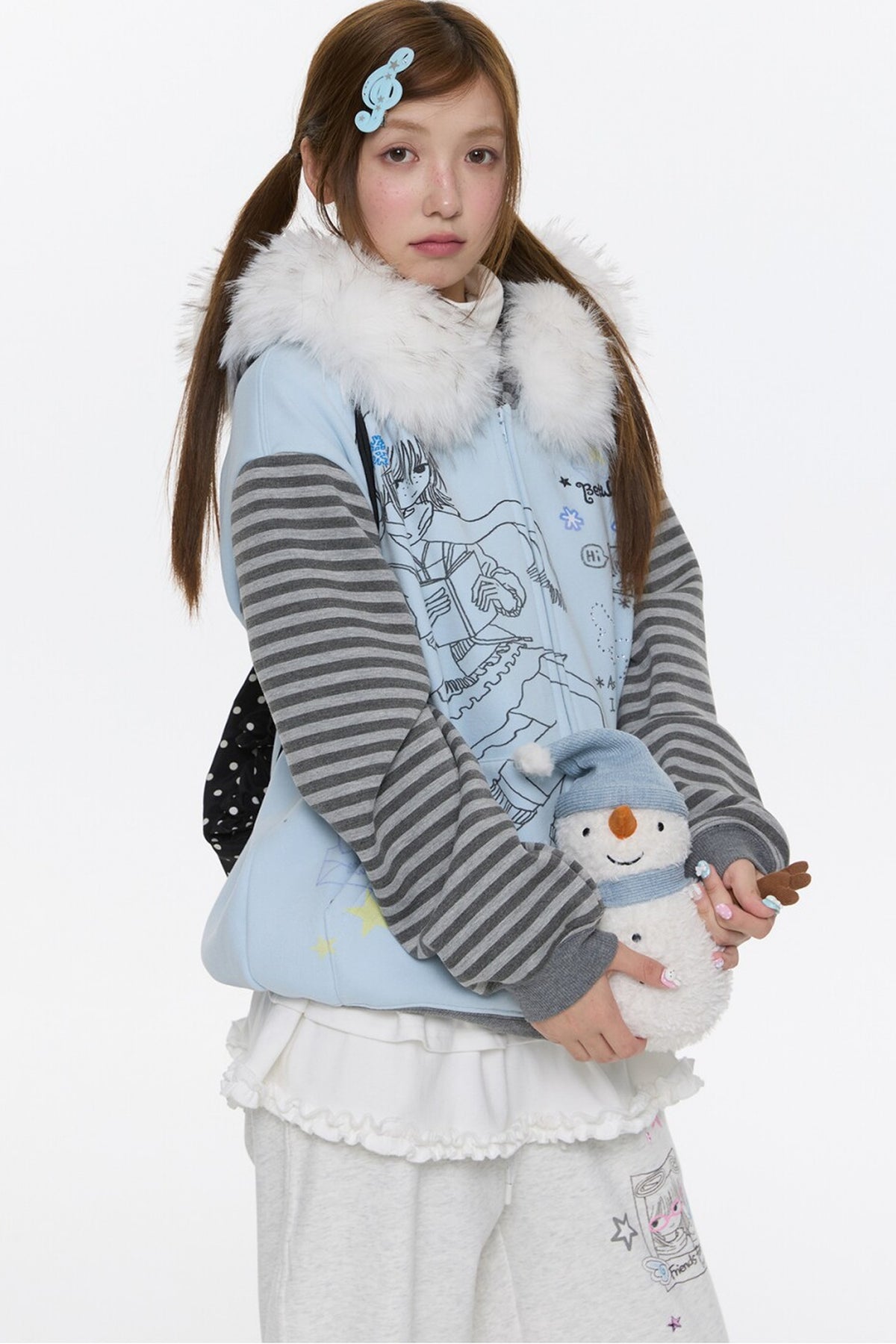 Striped Raglan Fur Collar Jacket