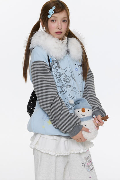 Striped Raglan Fur Collar Jacket