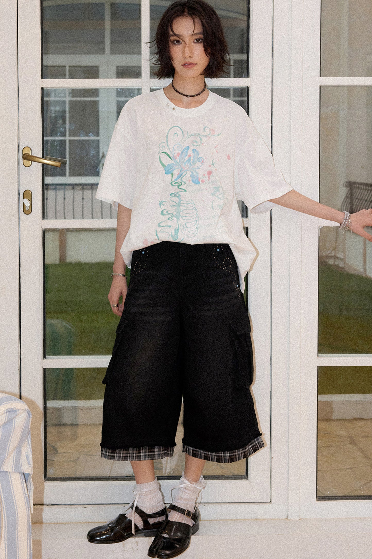 Patchwork Plaid Rhinestone Jeans