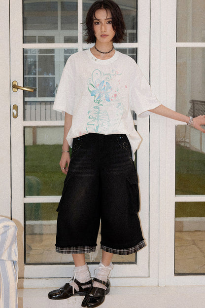 Patchwork Plaid Rhinestone Jeans