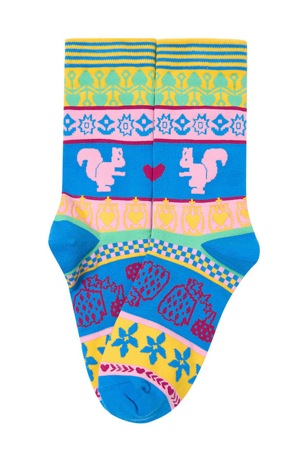 Bright Blue Yellow Geometric Pattern Knitted Socks