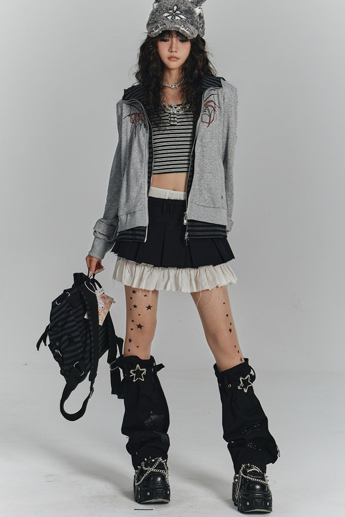 Striped Embroidered Knit Hooded Jacket