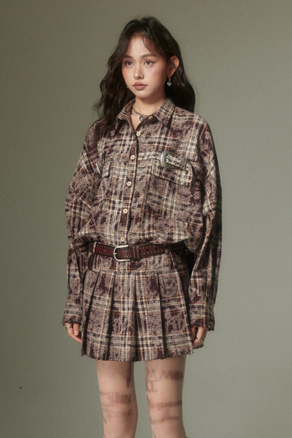 Plaid Shirt and Pleated Skirt Set-Up