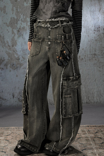 Vintage Washed Wide-Leg Large Patch Pockets Jeans