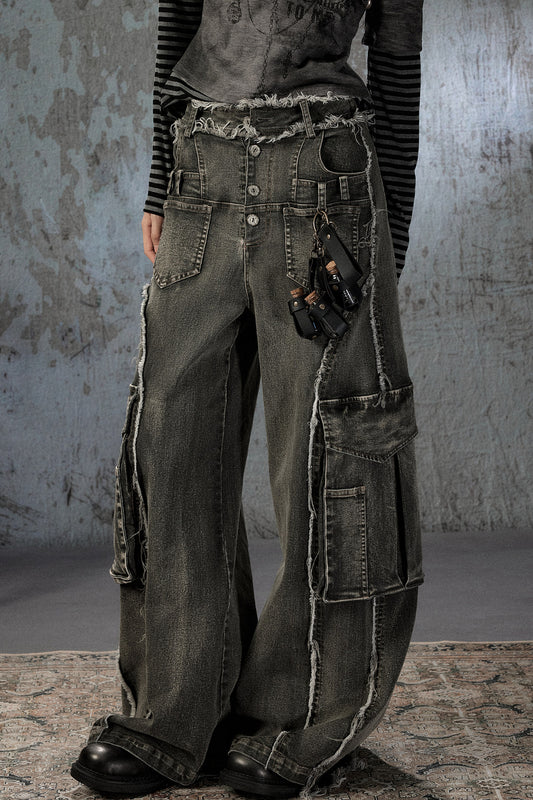 Vintage Washed Wide-Leg Large Patch Pockets Jeans