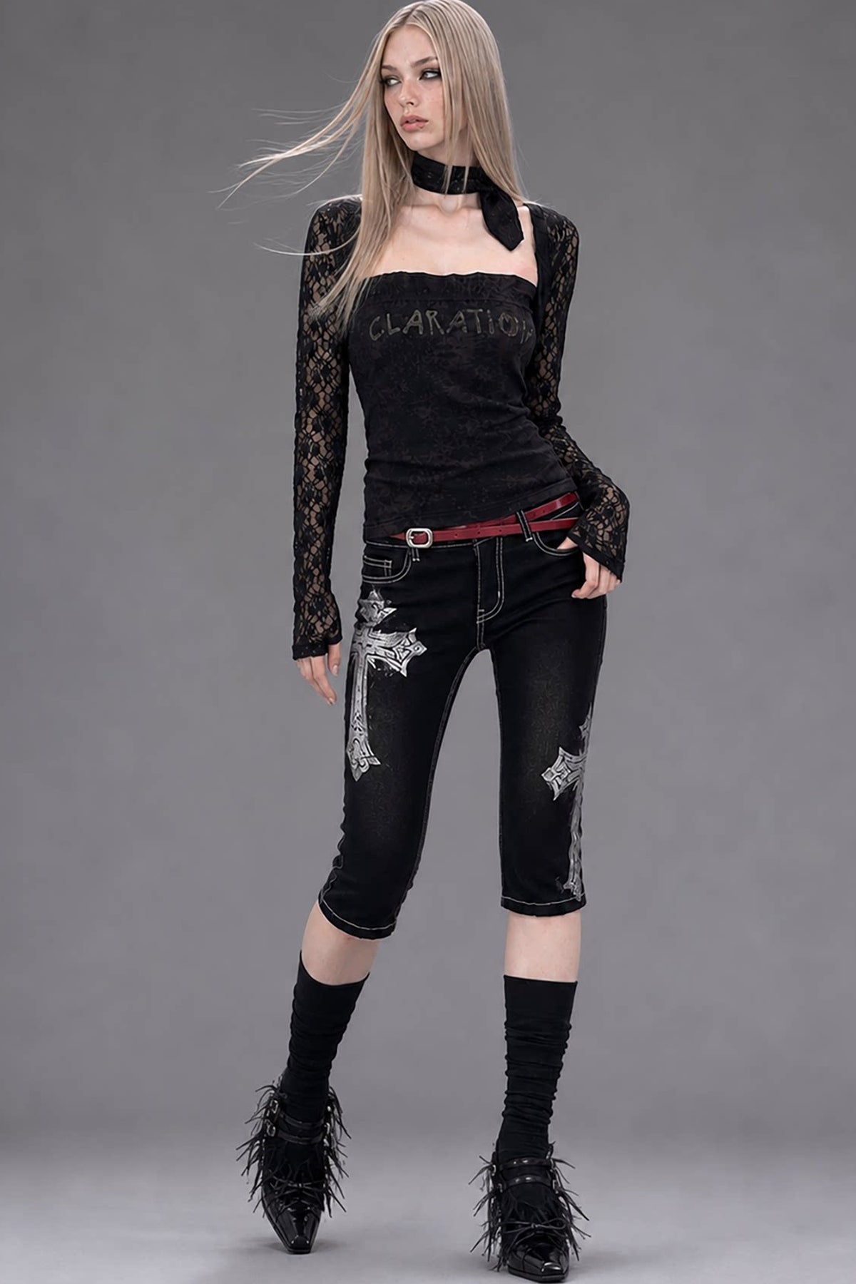 Black Lace Long-Sleeved Top Set-Up