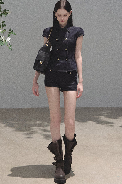 Retro Denim Waist-Cinching Dress Set-Up