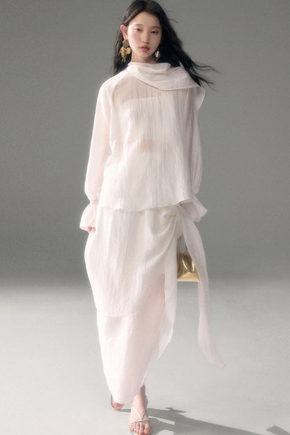 Moonlight Shawl Collar Bell Sleeve Shirt Tie-Up Skirt Set-Up
