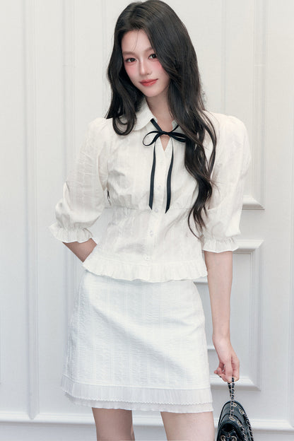 Doll Collar Preppy Blouse and Skirt Set-Up