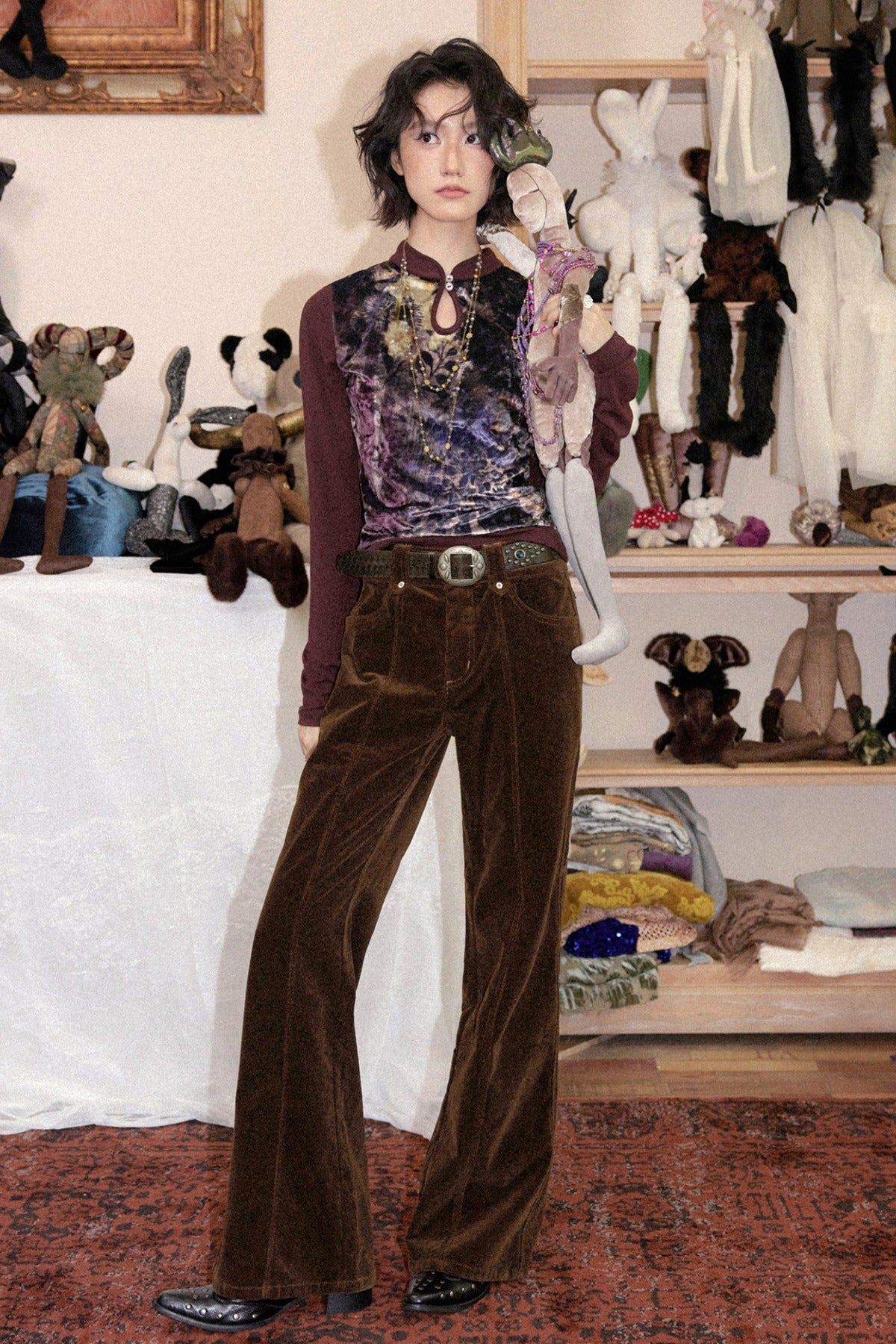 Brown Corduroy Micro-Flared Pants
