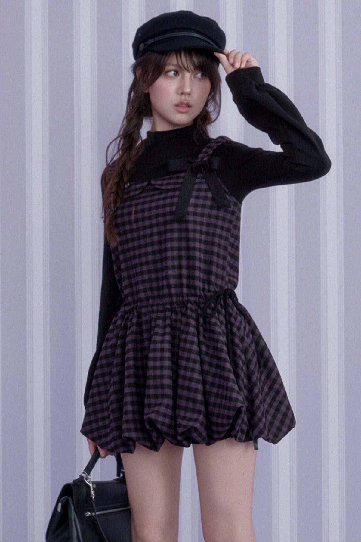 Retro Plaid Long Sleeve Flower Bud Dress