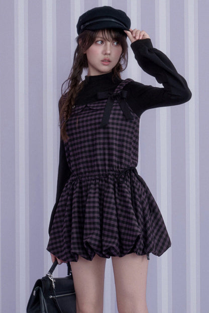 Retro Plaid Long Sleeve Flower Bud Dress