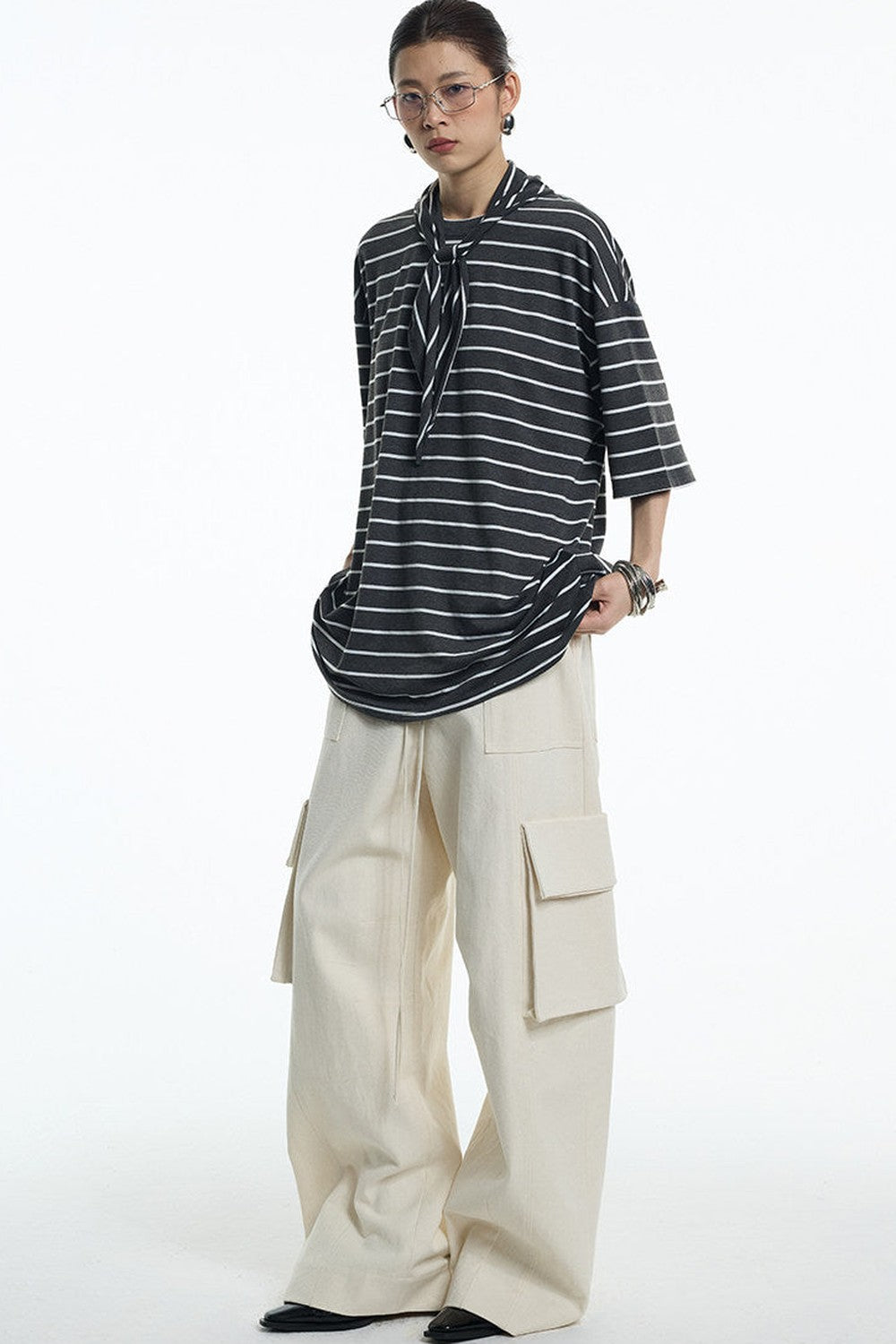 Oversize Gray White Striped Mid-Sleeve Tee