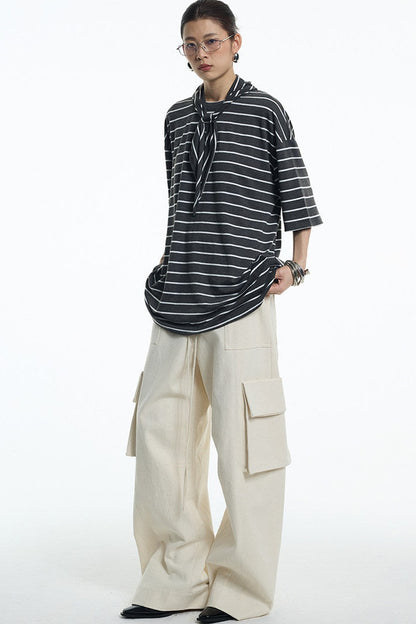 Oversize Gray White Striped Mid-Sleeve Tee