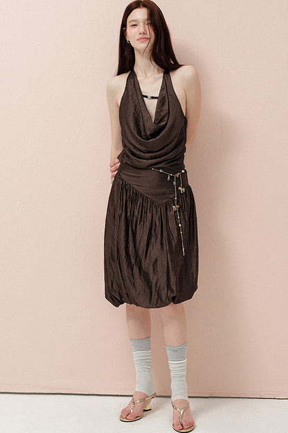 Brown Cowl Neck Camisole and Irregular Skirt Set