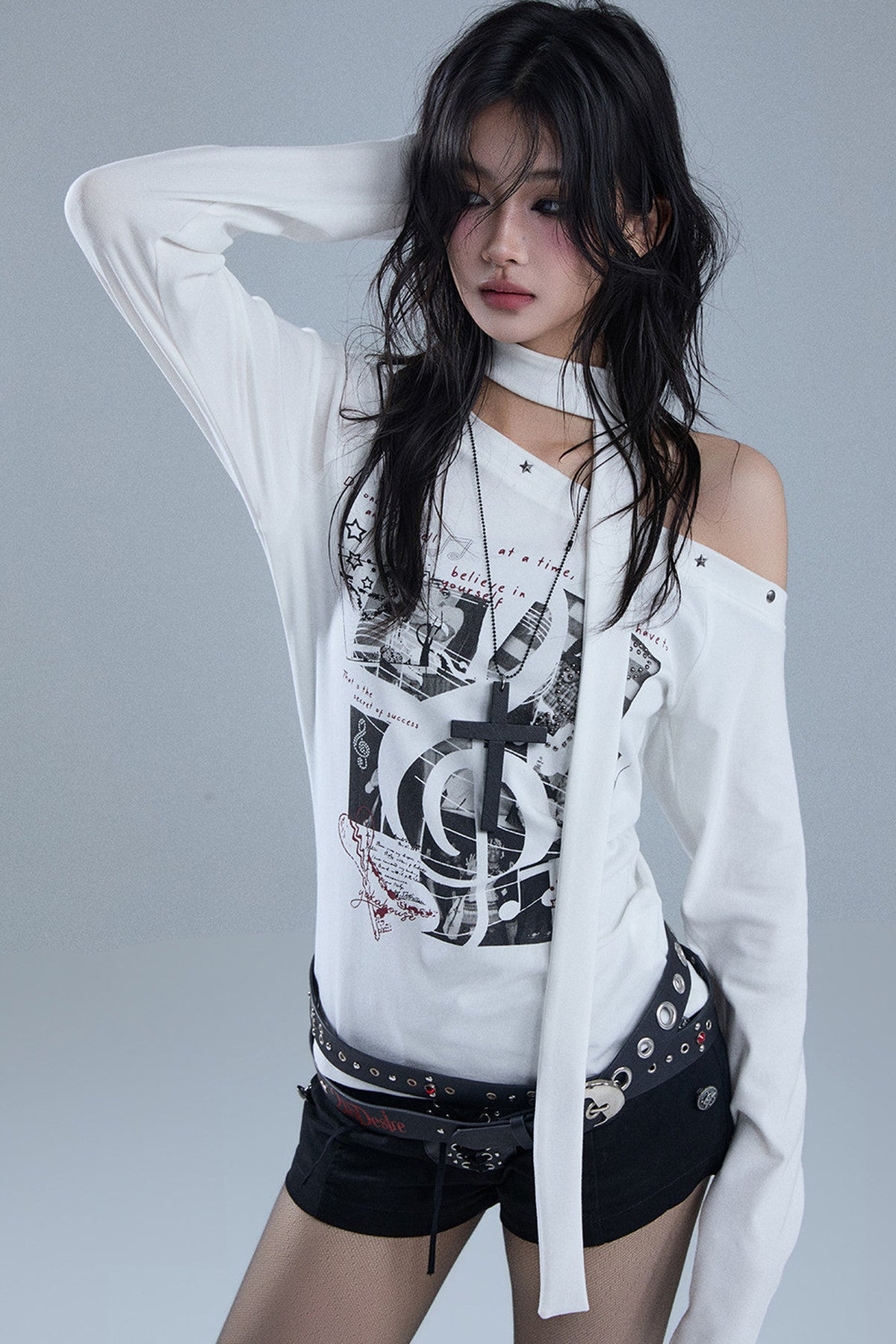 White Off-Shoulder Graphic Long-Sleeve T-Shirt