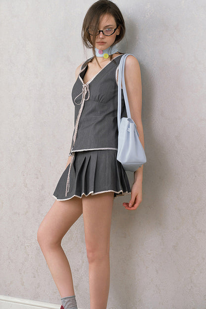Gray Tie-Front Vest and Pleated Skirt Set-Up