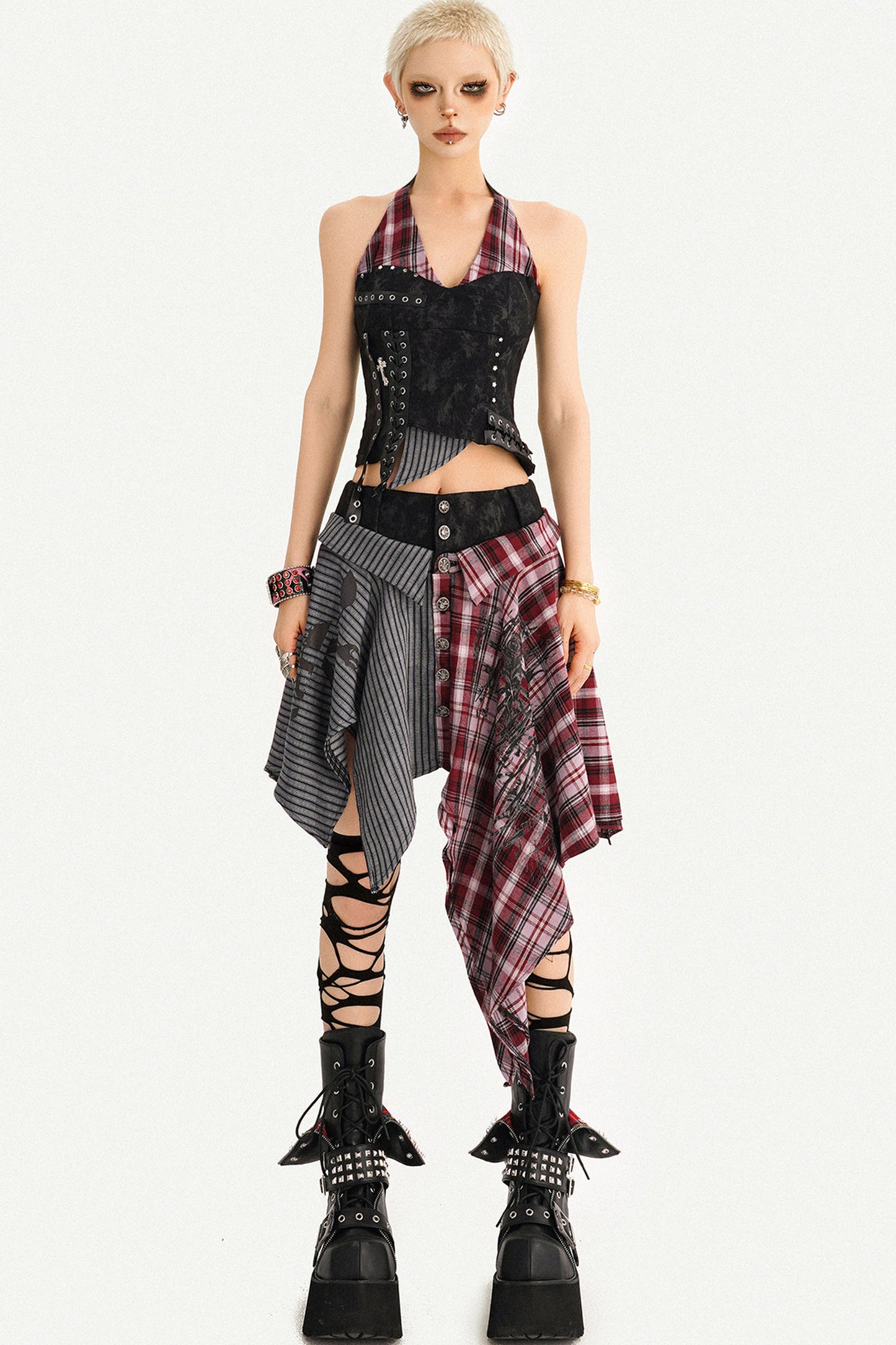 Irregular Plaid Patchwork Skirt