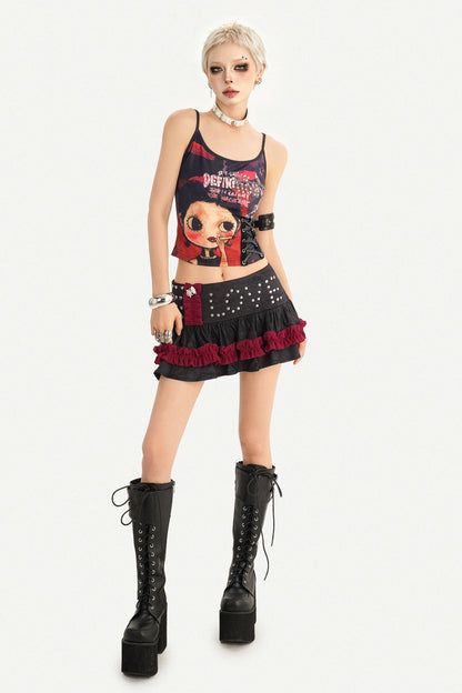 Y2K Graphic Tank Top and Rivet Tiered Skirt Set-Up