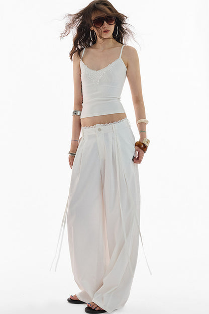 Lace Trim Pima Cotton Wide Leg Pants