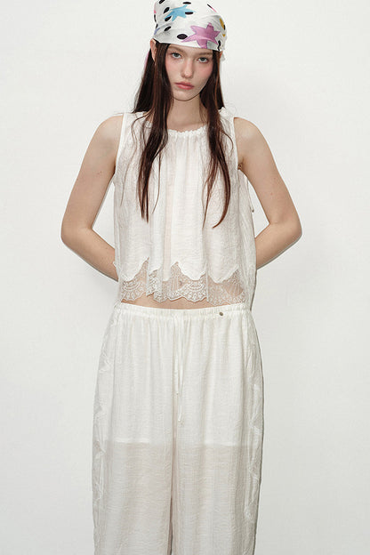 White Lace Trim Tank Top and Pants Set